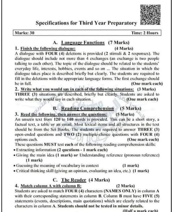 مواصفات امتحان اللغة الإنجليزية للصف الثالث الإعدادي للعام الدراسي 2021/2020 12831