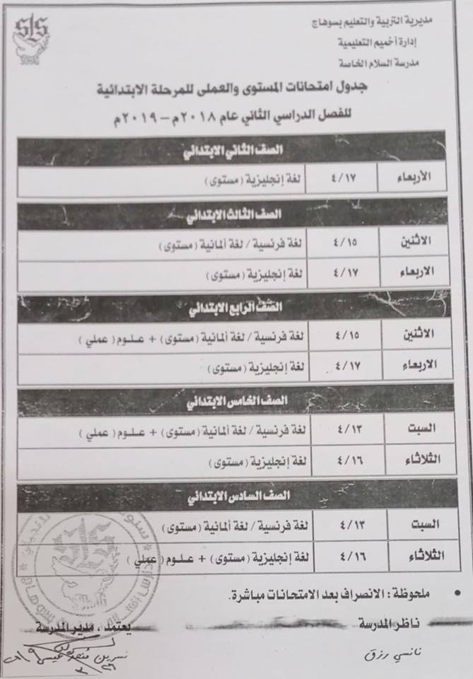 جدول امتحانات العملي الترم الثاني 2019 محافظة سوهاج 13128
