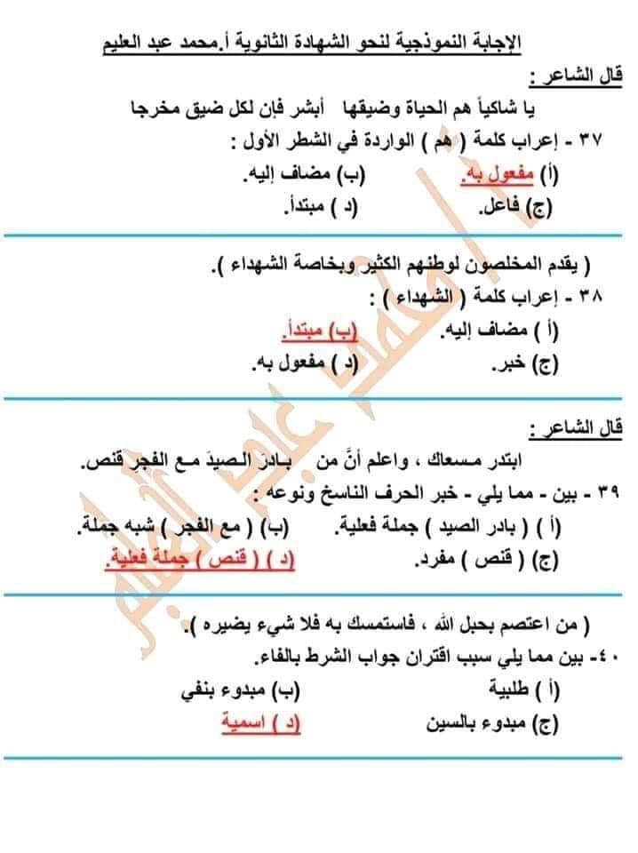 الاجابة النموذجية لنحو الثانوية العامة 2021 الشعبة العلمية 13846