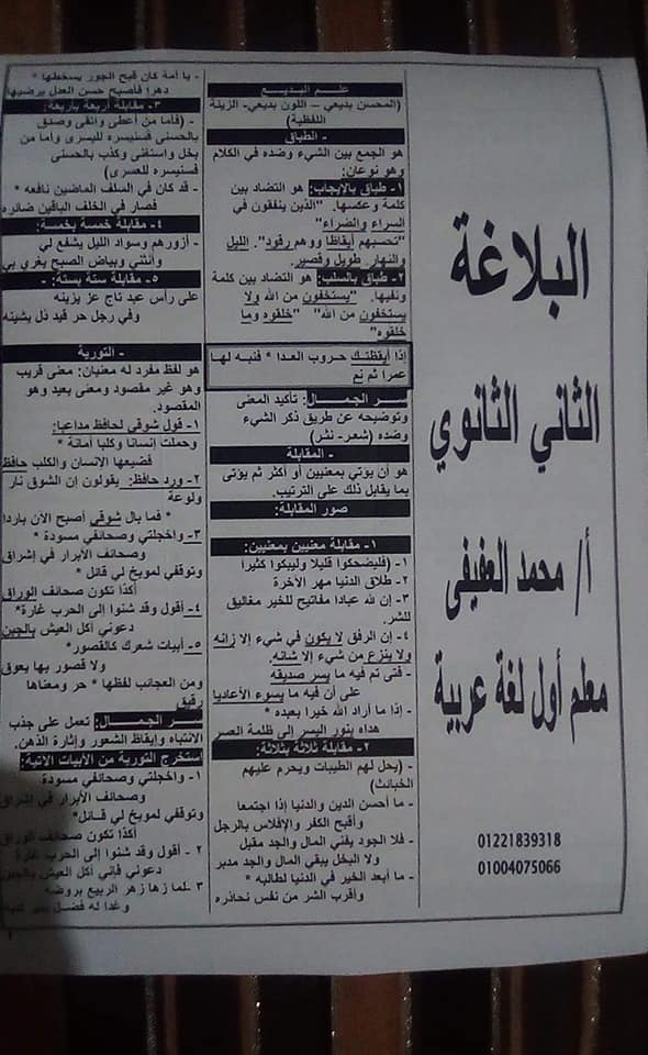 ملخص مراجعة البلاغة لتانية ثانوي ترم أول في 4 ورقات.. أ/ محمد العفيفي 1471