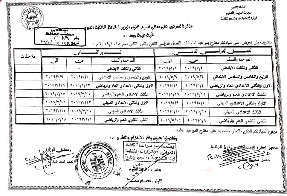 جداول امتحانات الترم الثاني 2019 محافظة الفيوم  1848