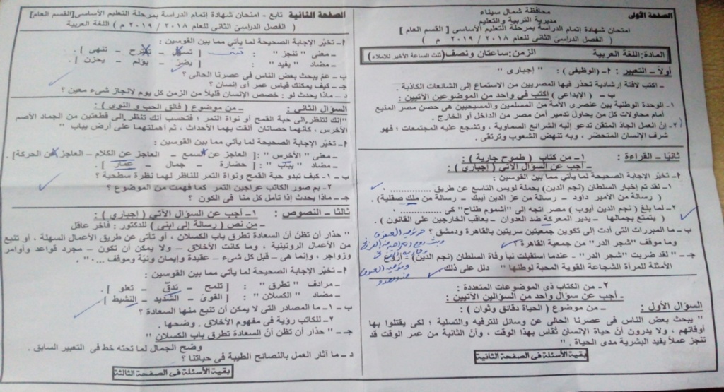 امتحان اللغة العربية للصف الثالث الاعدادي ترم ثاني 2019 محافظة شمال سيناء 1944
