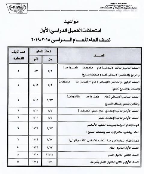 رسمياً.. محافظ الجيزة يعتمد مواعيد امتحانات الترم الاول "نصف العام" 2019 2018-614