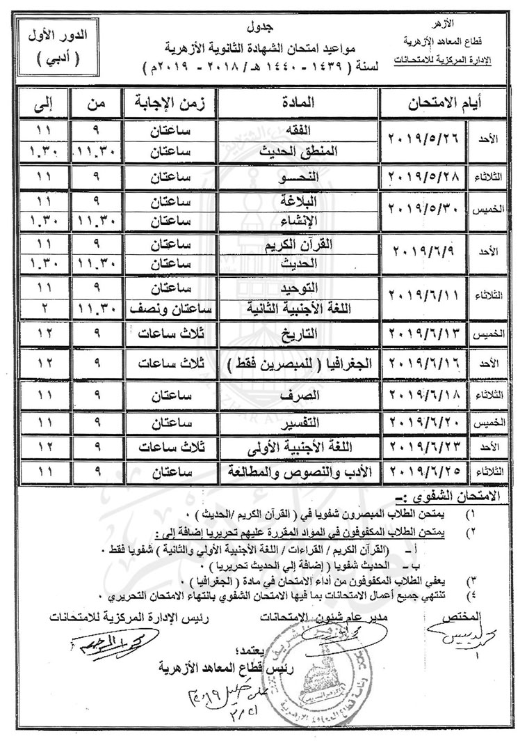 جدول امتحانات الثانوية الأزهرية 2019 الرسمي المعتمد 20530510