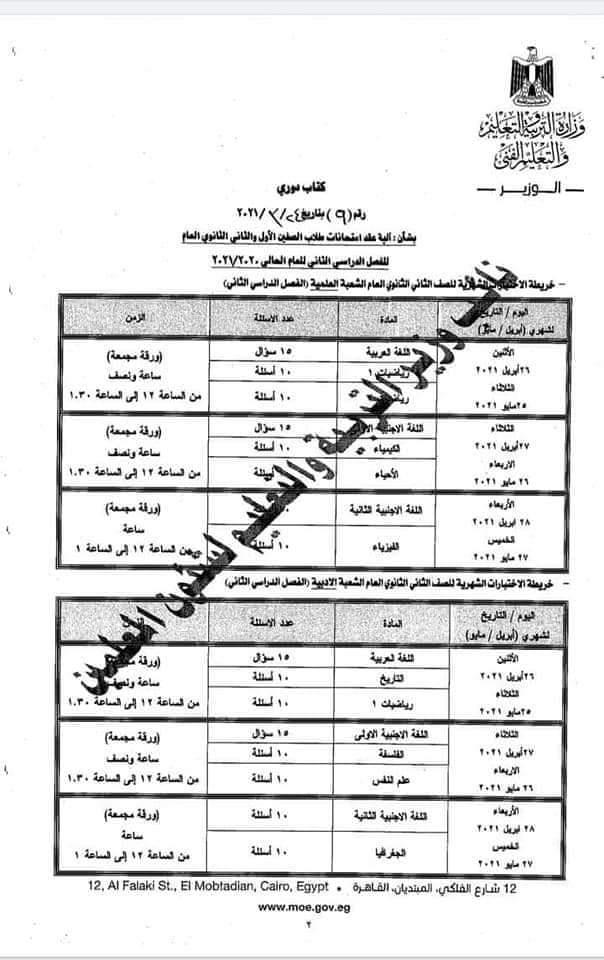 عدد أسئلة امتحانات ابريل ومايو للصفين الاول والثاتي الثانوي لكل مادة