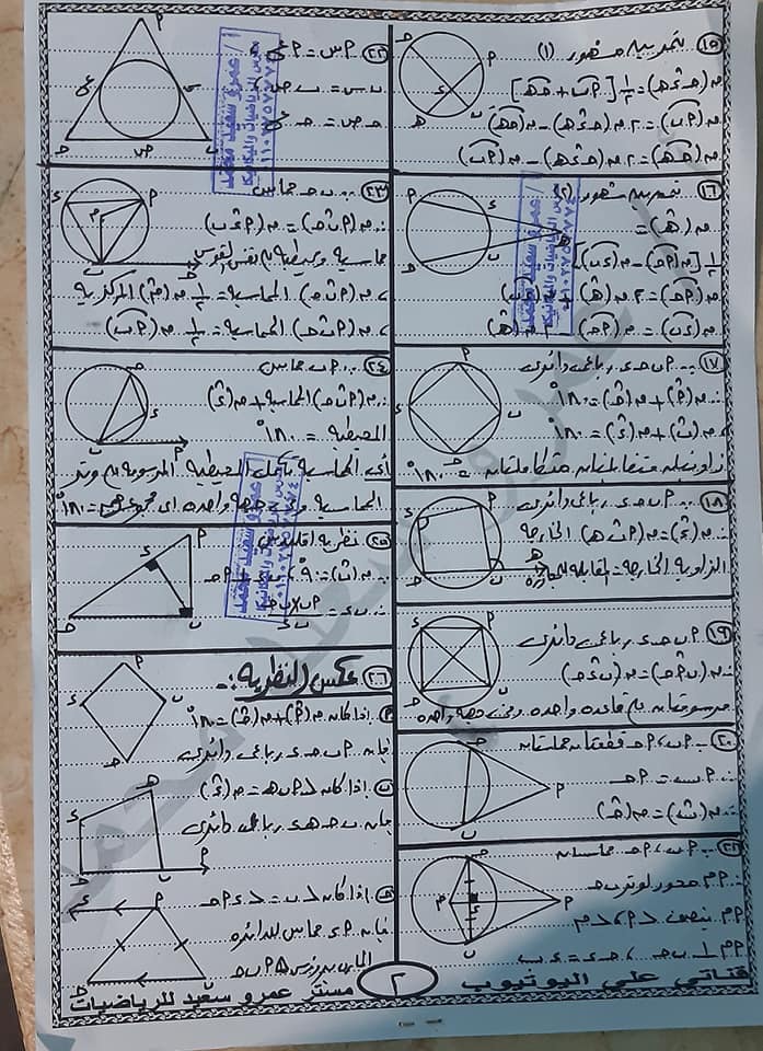 هندسة مستوية - ملخص قوانين الدائرة للصف الثالث الإعدادى ترم ثانى  22501