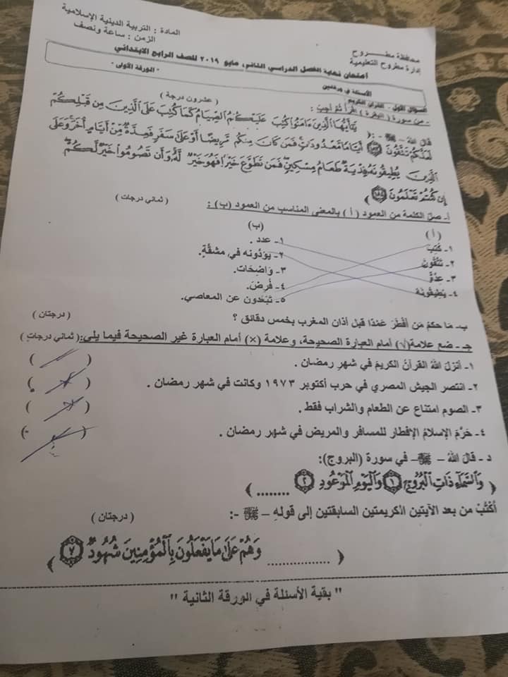 امتحان التربية الاسلامية للصف الرابع الابتدائي ترم ثاني 2019 ادارة مطروح التعليمية 25180