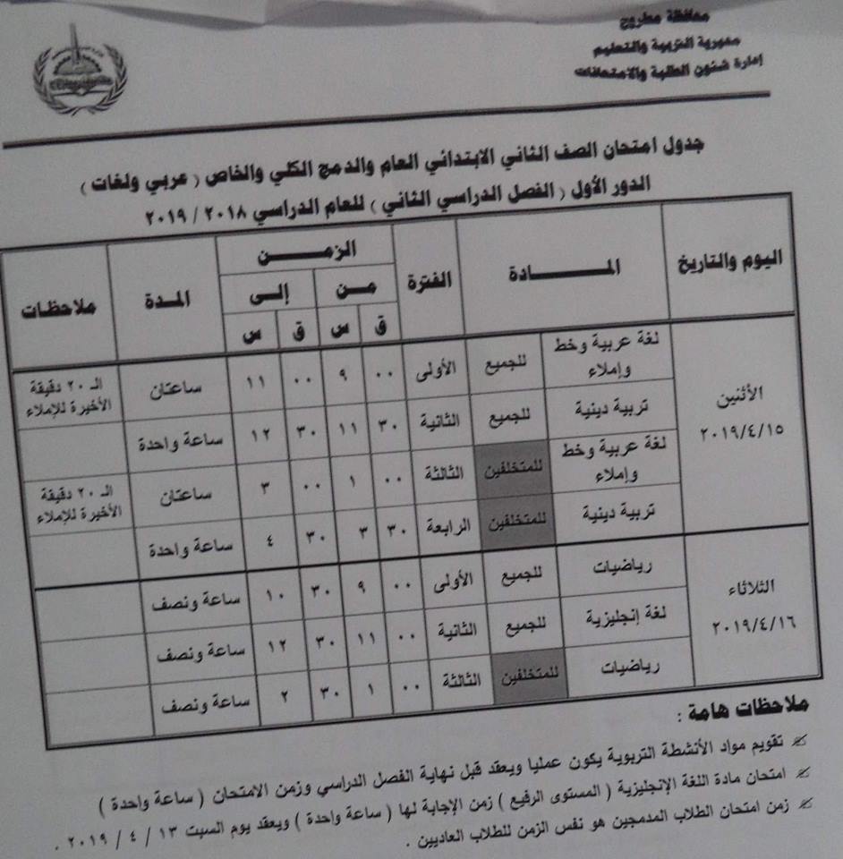 جداول امتحانات الترم الثاني 2019 محافظة مطروح  2871