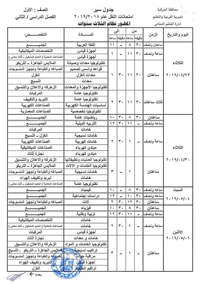 جدول امتحانات الصف الاول والثاني الثانوي الصناعي بنوعياتة الترم الثاني 2019 محافظة الشرقية 2897