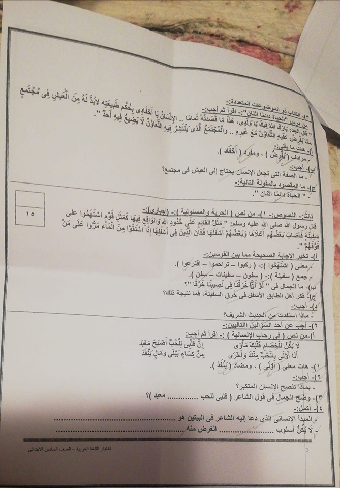 امتحان اللغة العربية للصف السادس الابتدائي ترم ثاني 2019 إدارة القاهرة الجديدة التعليمية 2988