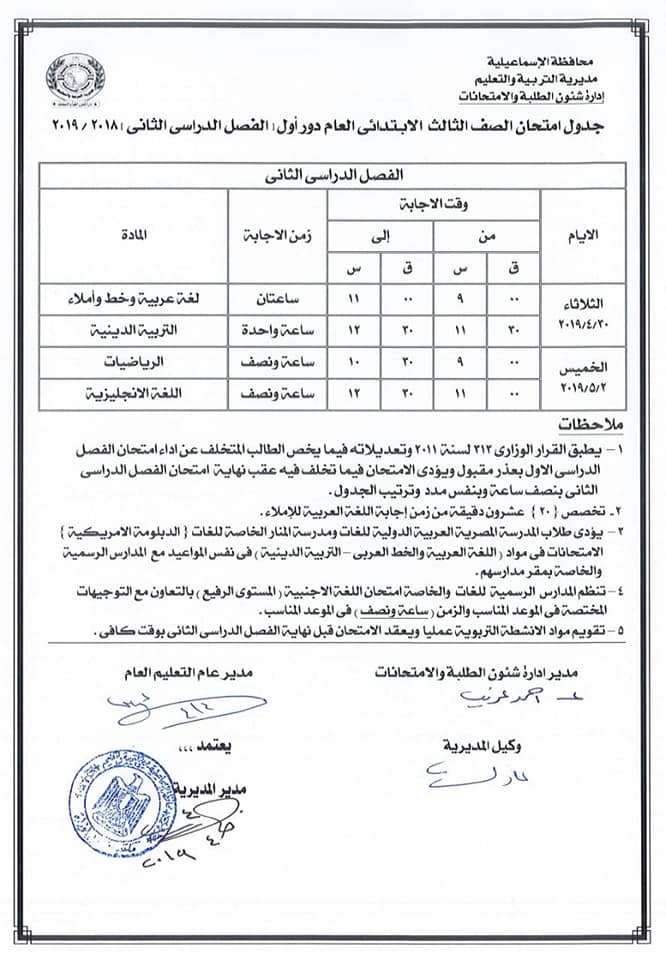 جداول امتحانات الترم الثاني 2019 محافظة الاسماعيلية  3689