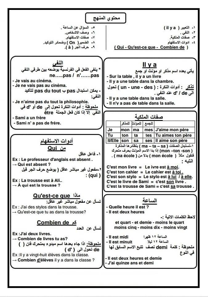 مراجعة قواعد + كلمات منهج فرنساوى اولى ثانوى ترم ثاني فى اربع ورقات فقط