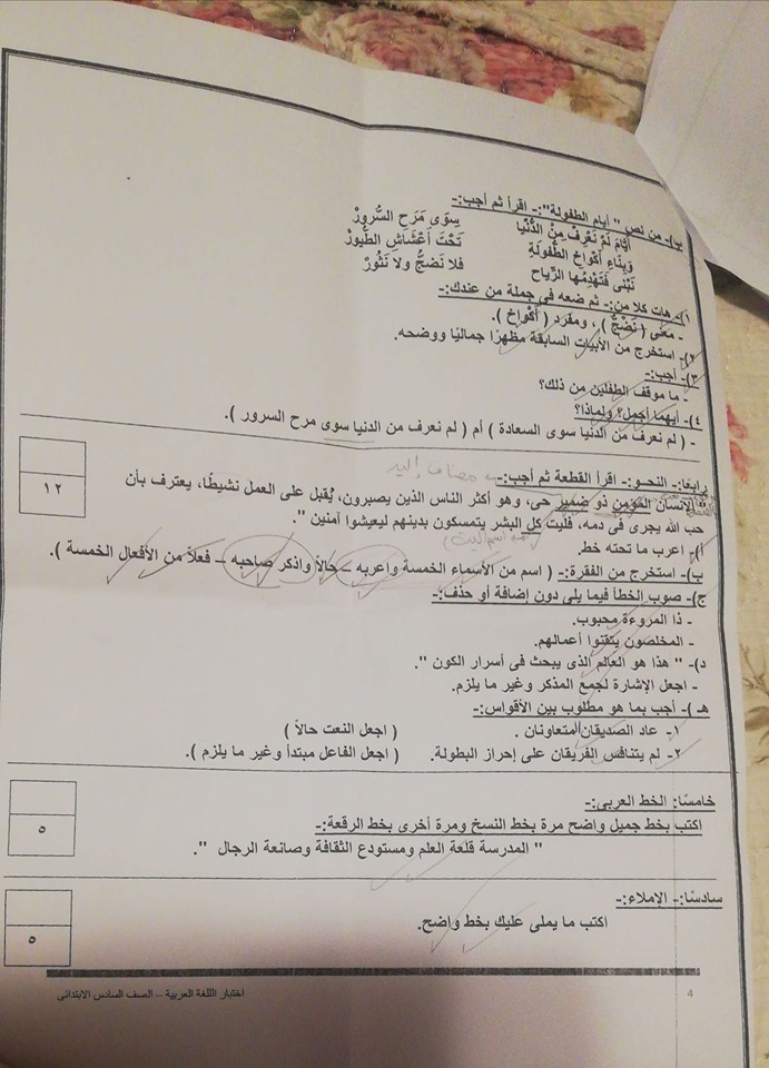 امتحان اللغة العربية للصف السادس الابتدائي ترم ثاني 2019 إدارة القاهرة الجديدة التعليمية 3783