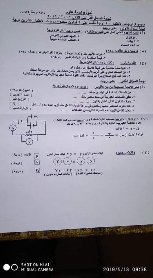 نموذج الاجابة الرسمى لامتحان علوم اعدادية القليوبية ترم ثاني 2019 بتوزيع الدرجات