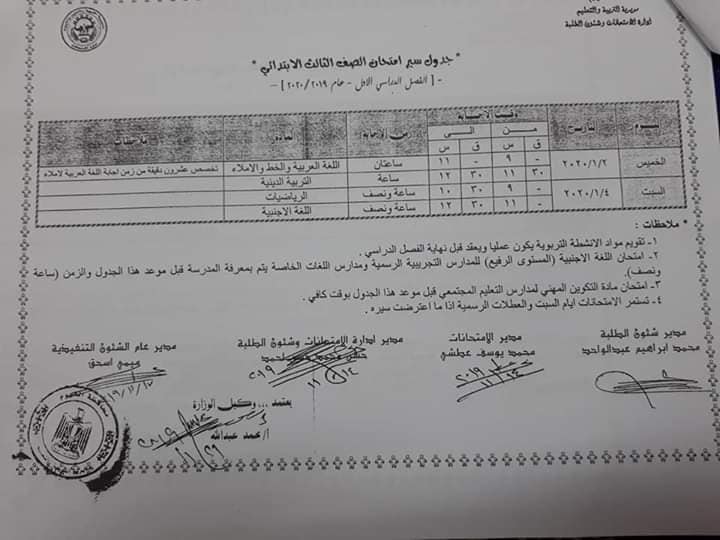جداول امتحانات محافظة الفيوم الترم الأول 2020  3948