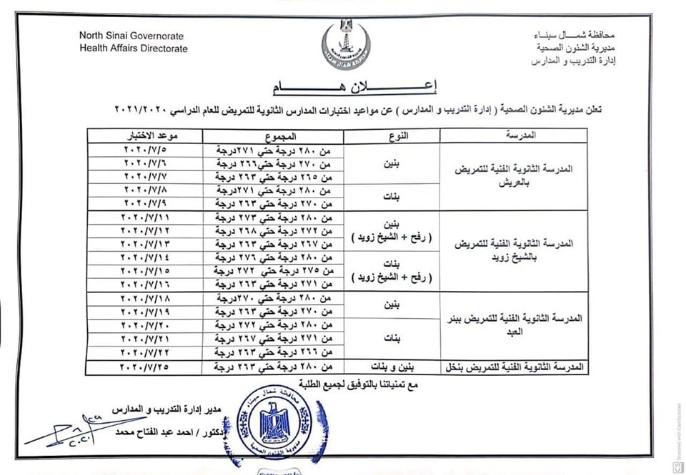 مواعيد إختبارات القبول بالمدارس الفنية للتمريض بشمال سيناء 41288