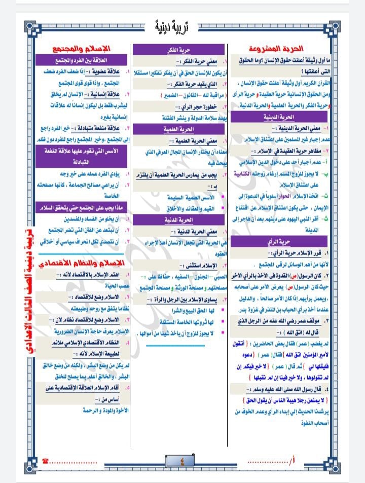 مراجعة التربية الاسلامية للصف الثالث الاعدادي الترم الاول في 5 ورقات 41531