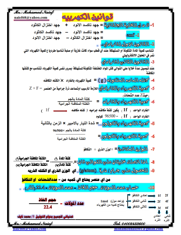 مراجعة كيميا 3 ثانوي | قوانين الكيمياء الكهربية في ورقة