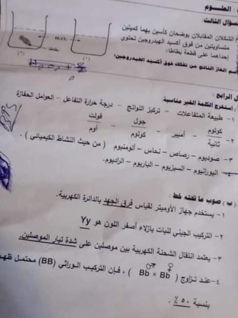 امتحان العلوم للشهادة الإعدادية ترم ثاني ٢٠٢١ محافظة جنوب سيناء 41794
