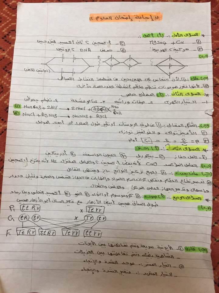امتحان العلوم للصف الثالث الاعدادي ترم ثاني 2019 محافظة شمال سيناء بنموذج الاجابة 44116