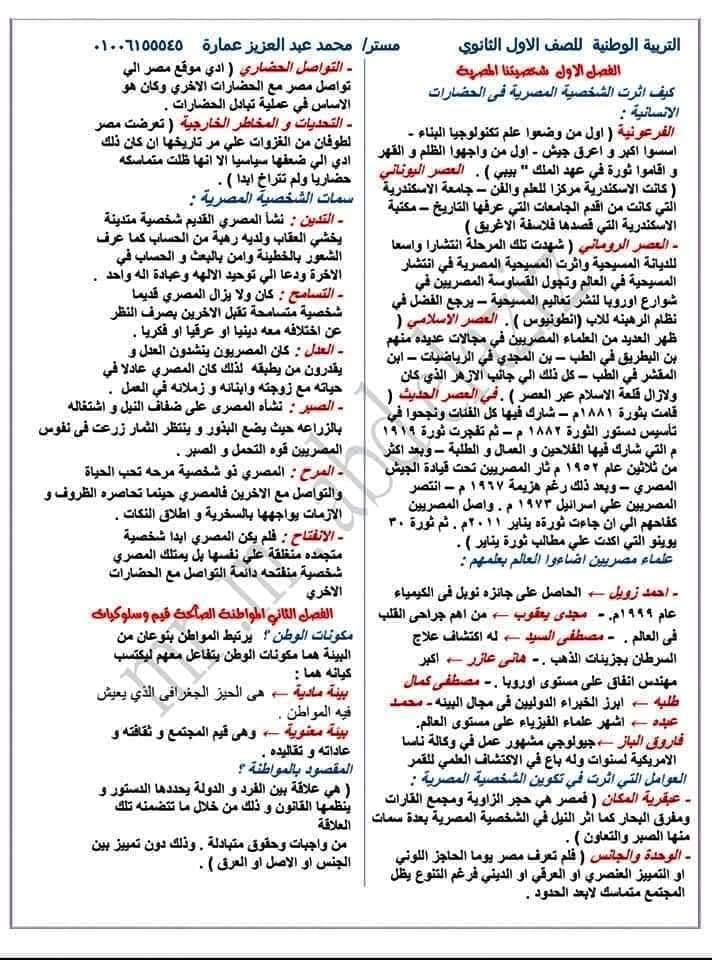 مراجعة التربية الوطنية للصف الأول الثانوى في ورقتين فقط مستر/ محمد عبد العزيز عمارة  44172