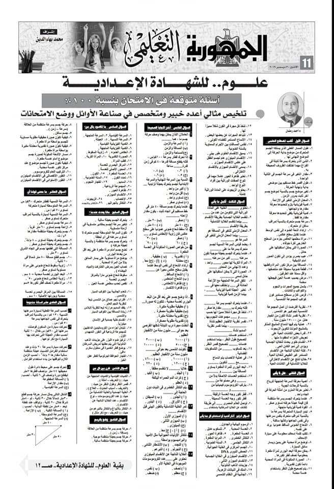 مراجعة العلوم⁩ للشهادة الإعدادية..  أسئلة متوقعة في امتحان الترم الاول ملحق الجمهورية