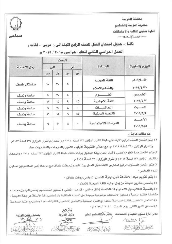 جداول امتحانات الترم الثاني 2019 محافظة الغربية  4556