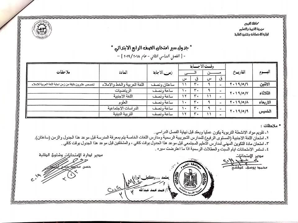 جداول امتحانات الترم الثاني 2019 محافظة الفيوم  4558