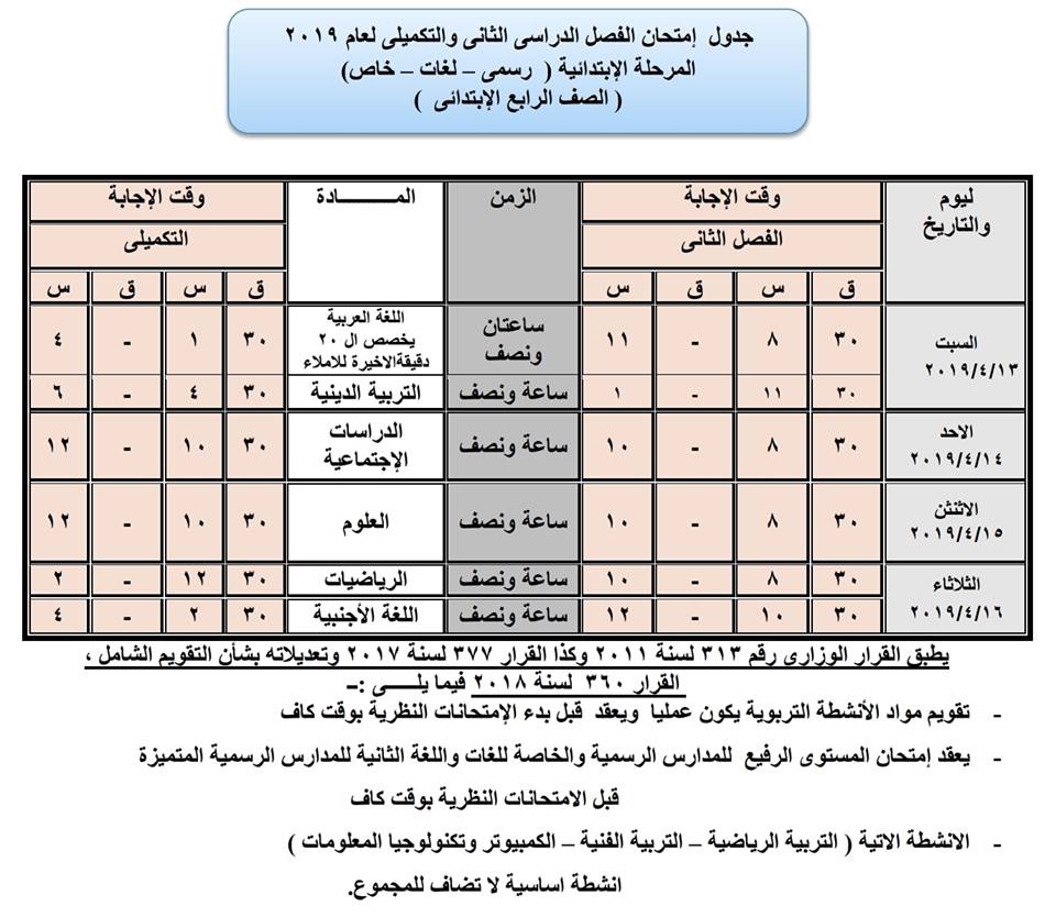 جداول امتحانات الترم الثاني 2019 محافظة بورسعيد 4559