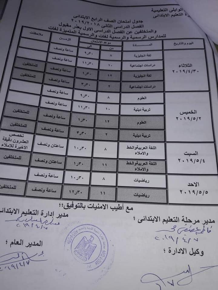 جداول امتحانات الترم الثاني 2019 محافظة القاهرة 4576