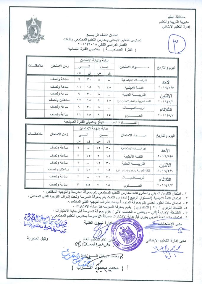 جداول امتحانات الترم الثاني 2019 محافظة المنيا 4577