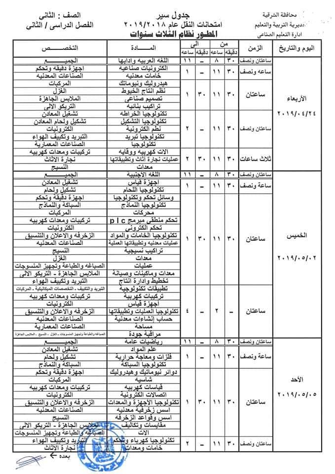 جدول امتحانات الصف الاول والثاني الثانوي الصناعي بنوعياتة الترم الثاني 2019 محافظة الشرقية 4580