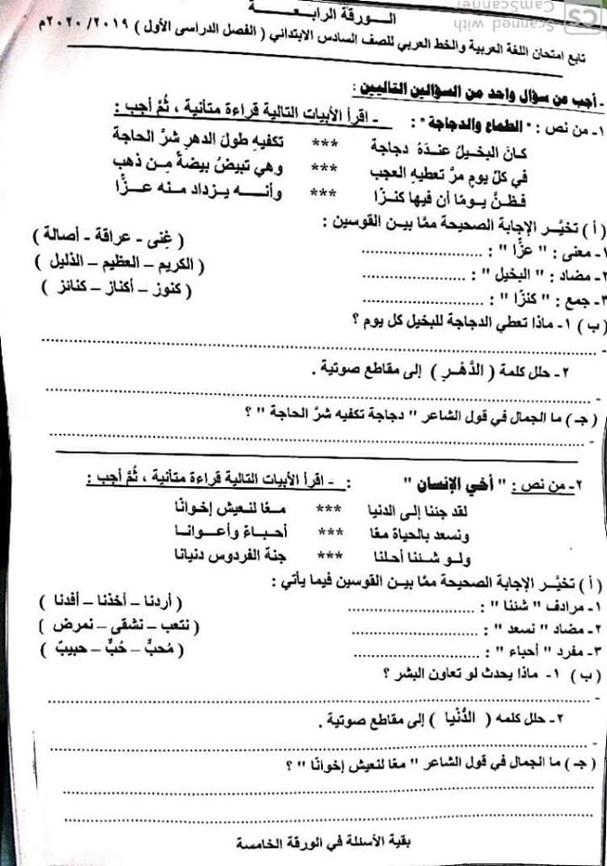 امتحان اللغة العربية للصف السادس الابتدائي ترم أول 2020 محافظة أسيوط 4904