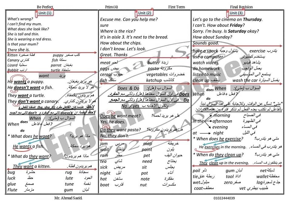 ملخص لغة انجليزية الصف الرابع الابتدائي الترم الاول في ورقتين مستر/ احمد سعيد 4919