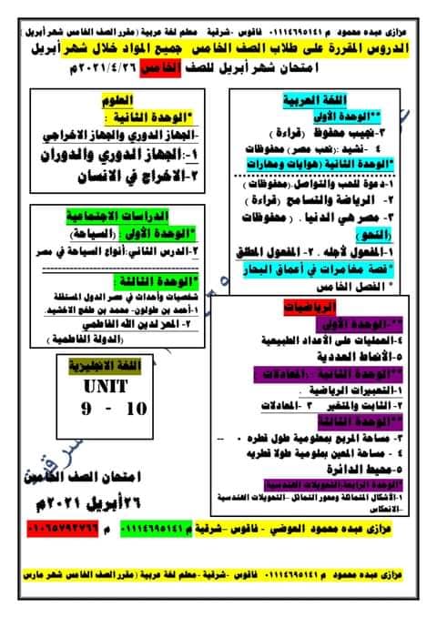 التوزيع الرسمى والدروس المقررة لامتحان شهر أبريل للصفوف الرابع والخامس والسادس "جميع المواد" 51332