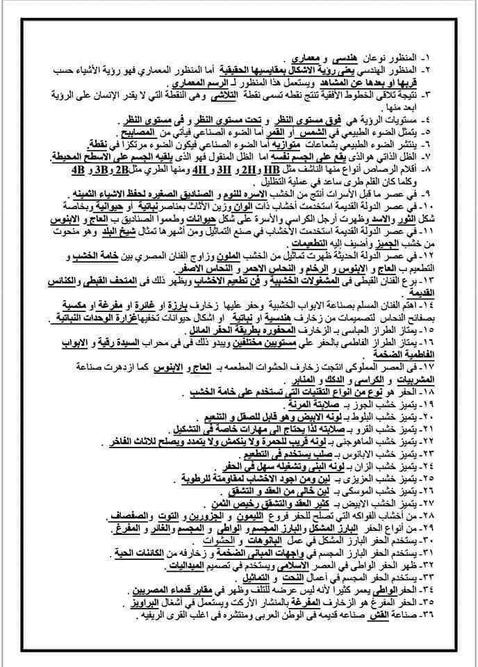 مراجعة التربية الفنية س و ج للصف الثالث الاعدادى ترم اول في ورقتين فقط من التوجيه 53101