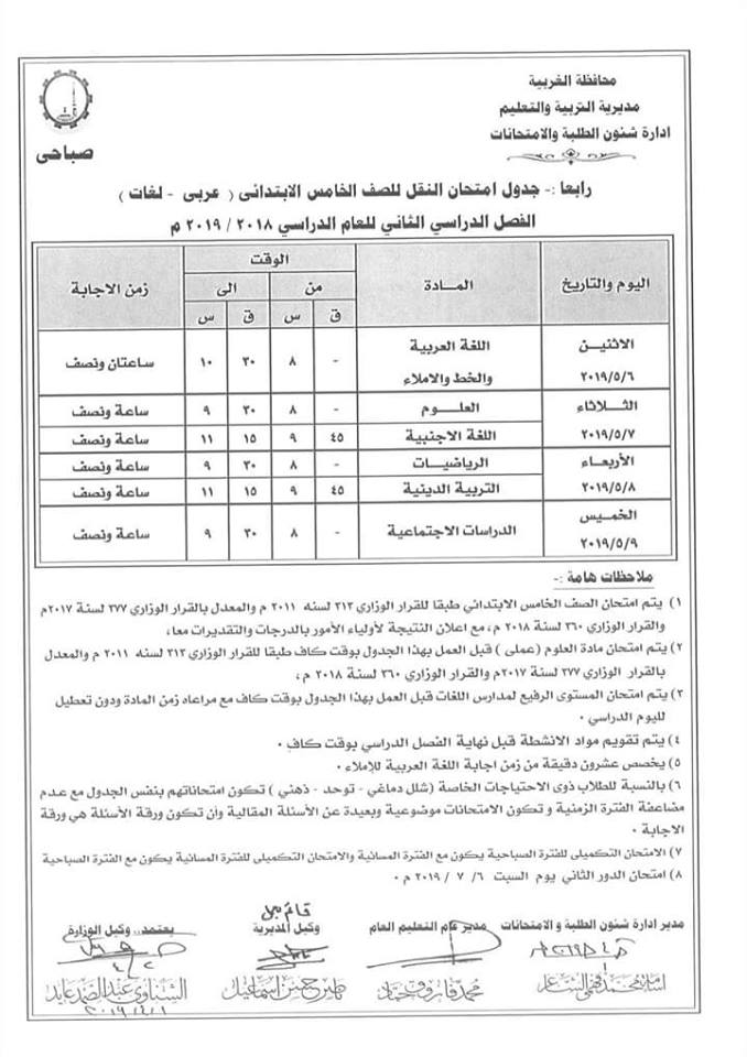 جداول امتحانات الترم الثاني 2019 محافظة الغربية  5456