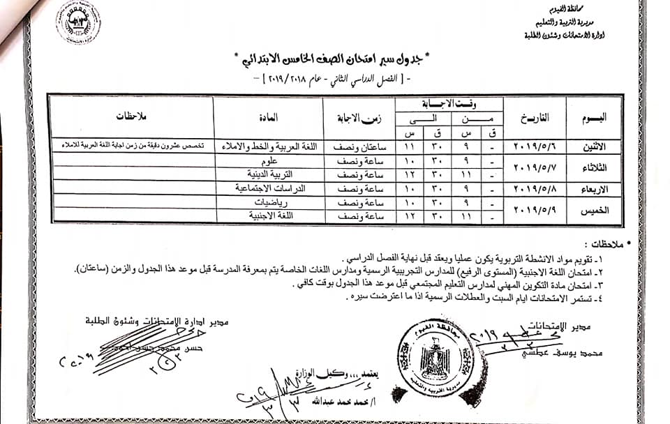 جداول امتحانات الترم الثاني 2019 محافظة الفيوم  5461