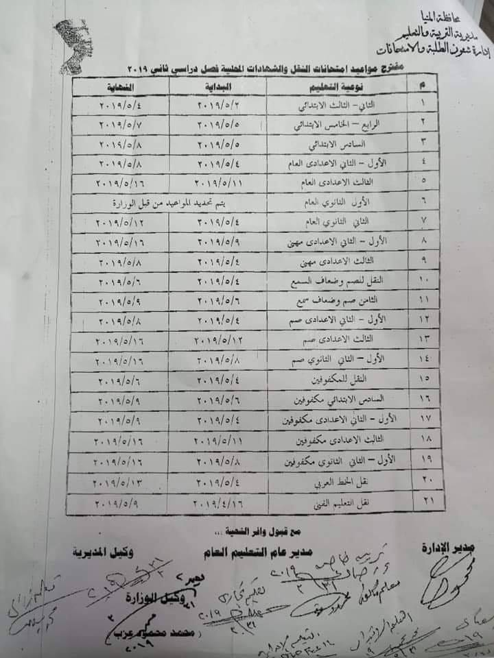جداول امتحانات الترم الثاني 2019 محافظة المنيا 56173110