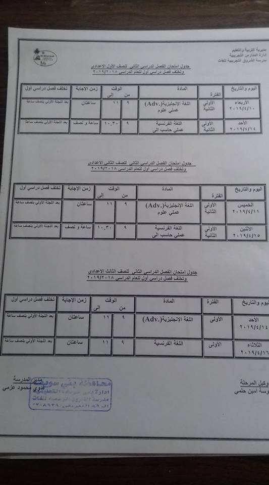 جداول امتحانات العملى ابتدائي / اعدادي الترم الثاني 2019 محافظة بني سويف 56440110