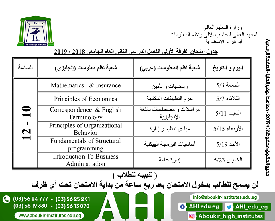 جدول امتحانات الترم الثاني 2019 لجميع فرق المعهد العالي للحاسب الالي ونظم المعلومات بأبي قير- الاسكندرية 57001910