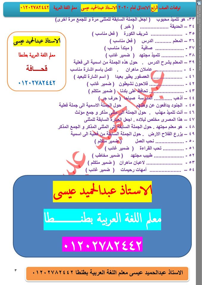 توقعات نحو الصف الرابع الابتدائى 54 سؤالا لا يخرج عنهم الامتحان أ/ عبدالحميد عيسي