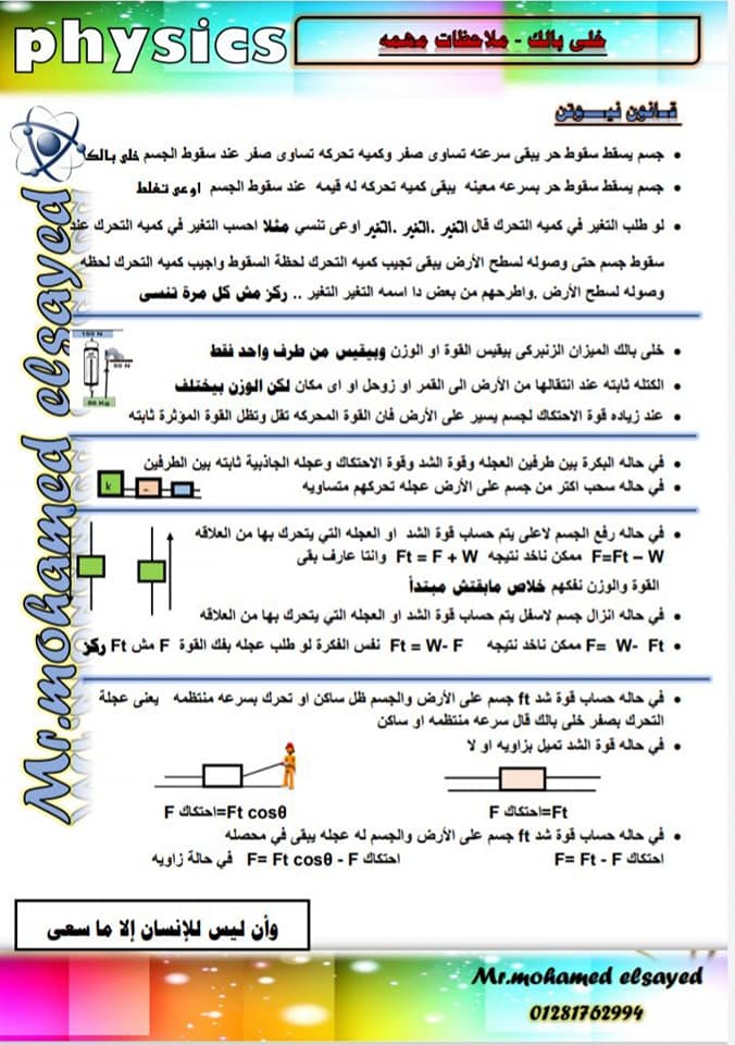 مراجعة قوانين وملاحظات فيزياء اولى ثانوى ترم ثاني في 3 ورقات