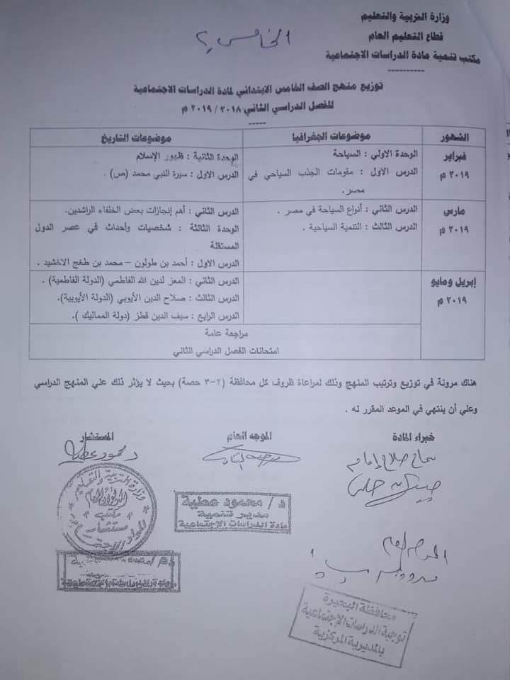 توزيع منهج الدراسات الاجتماعية للصف الخامس الإبتدائي ترم اول وثاني 2018 / 2019 5o210