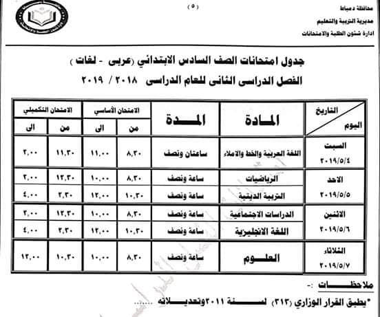 جداول امتحانات الترم الثاني 2019 محافظة دمياط 6381