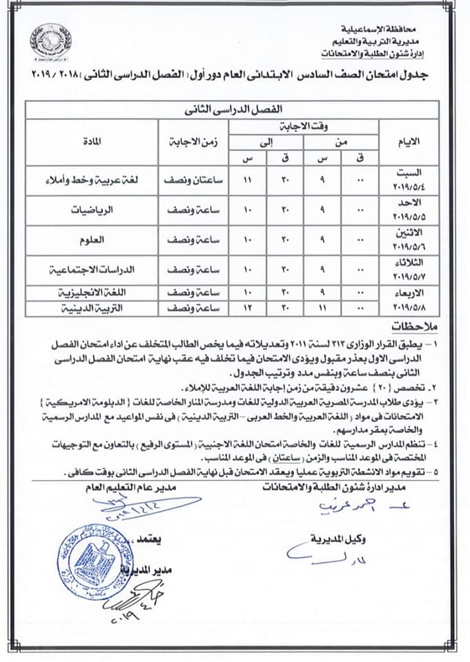 جداول امتحانات الترم الثاني 2019 محافظة الاسماعيلية  6383