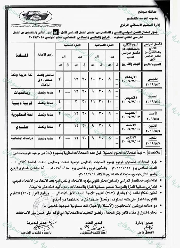 جداول امتحانات الترم الثاني 2019 محافظة سوهاج  6395