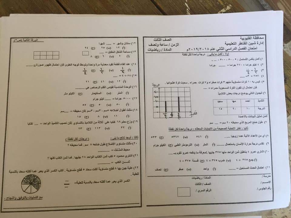 امتحان الرياضيات للصف الثالث الابتدائي ترم ثاني 2019 ادارة شبين القناطر التعليمية 6405