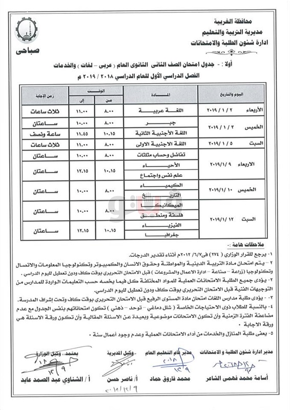 جداول امتحانات نصف العام 2019 محافظة الغربية  68910