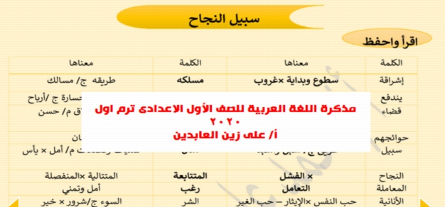 مذكرة اللغة العربية اولى اعدادي ترم أول 2020 أ/ على زين العابدين